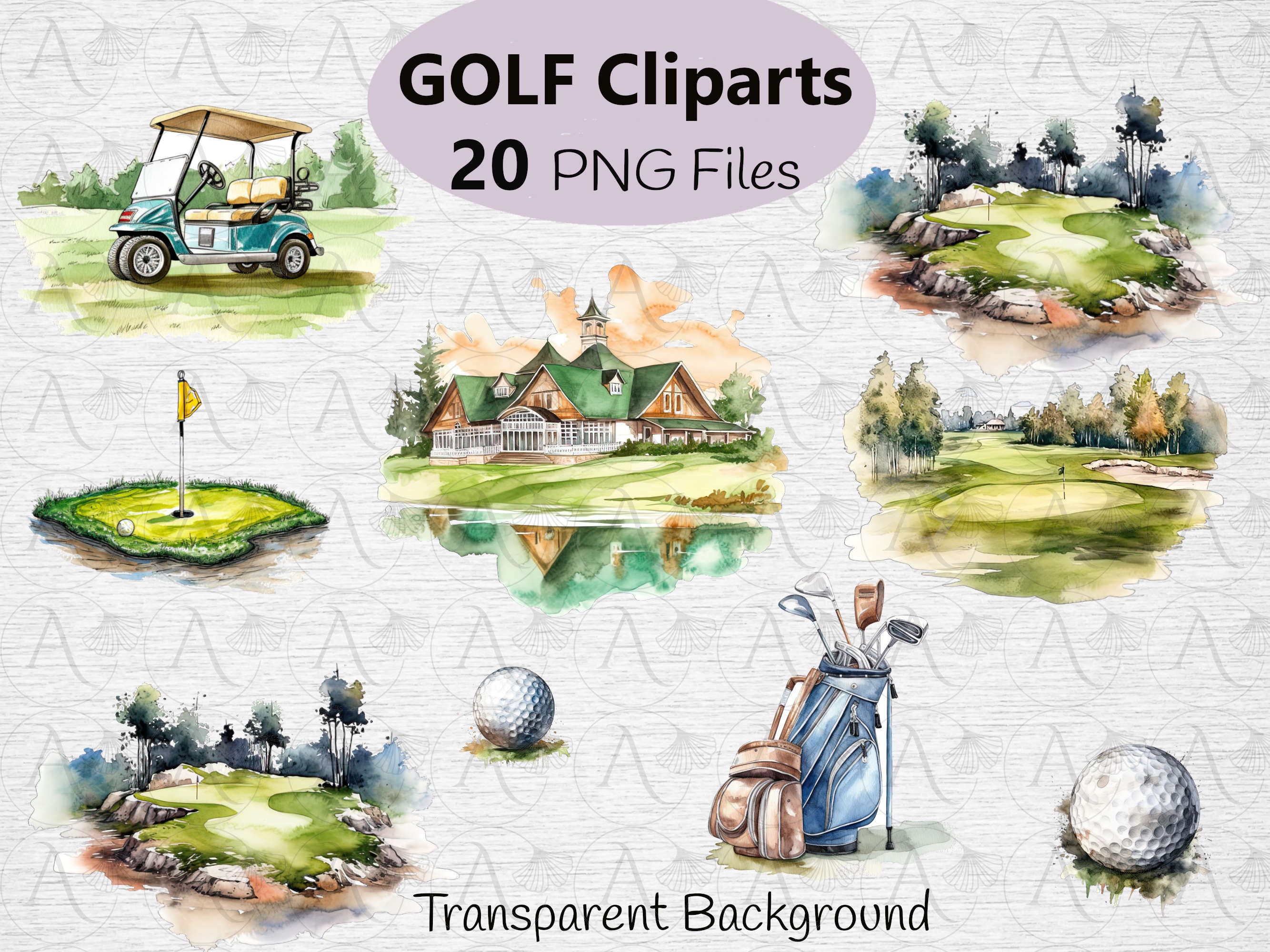 Watercolor Golf Clipart - 20  PNG images , Golf sublimation designs for Junk Journal, Craft, Prints, Digital Download , Commercial use