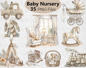 Boho Baby Nursery Clipart: Neutral Watercolor PNG (Digital Download)