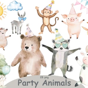 Animal Birthday Party Clipart Bundle, Kids Party Clipart Set  Watercolor Animals, invitation card - Fox, Bear, Bunny - Commercial Use