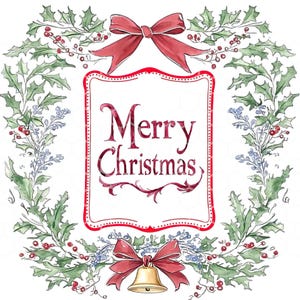 Christmas Crest  Frames Christmas Wreath Festive Christmas Crest DIY Clipart & Seamless Watercolor Paper - Red Bow Wreath Designs
