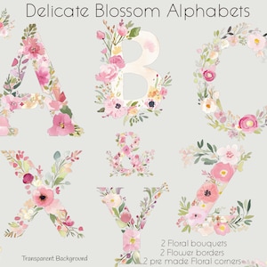 Letras del alfabeto floral, conjunto de imágenes prediseñadas del alfabeto de boda con flores silvestres en color rosa ruborizado y ampersand, ramo de borde floral de flores silvestres prefabricado