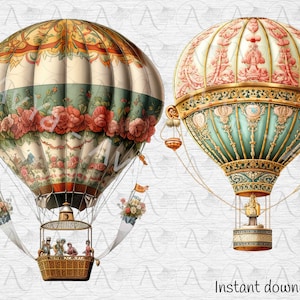 Vintage Hot Air Balloon Clipart: 15 PNG Victorian Graphics (digital ...