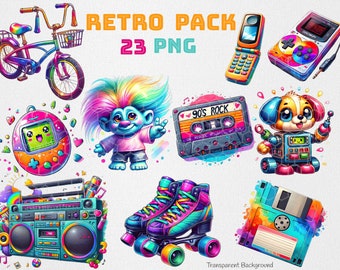 Vintage 90s Retro Clipart Collection - 23 Retro PNG Images, Gameboy, Boombox , Skates - Instant Download for Commercial Use
