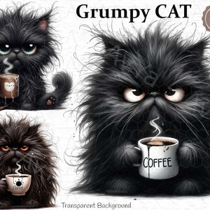 Grumpy Coffe Cat Clipart, Adorable Black Coffee lover Cat Clipart: Instant Download PNG for Crafts , Cat Lovers Delight image 1