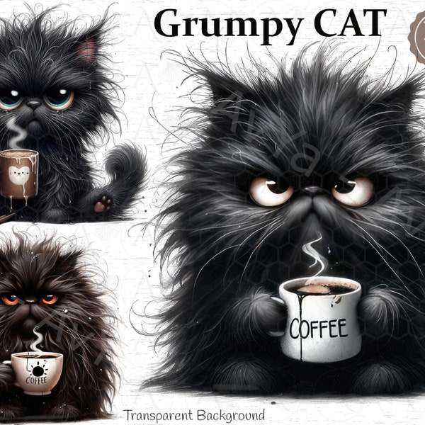 Grumpy Coffe Cat Clipart, Adorable Black Coffee lover  Cat Clipart: Instant Download PNG for Crafts , Cat Lovers Delight