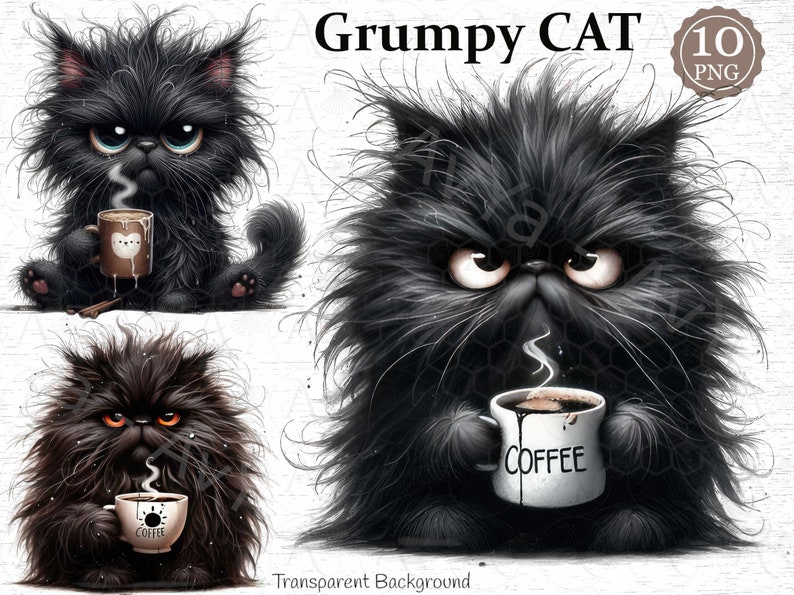 Grumpy Coffe Cat Clipart, Adorable Black Coffee lover Cat Clipart: Instant Download PNG for Crafts , Cat Lovers Delight image 1