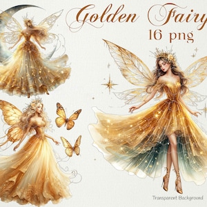 May include: Digital illustration of three golden fairies with wings and flowing gowns. The fairies are surrounded by stars and butterflies. The text "Golden Fairy 16 png" is at the top of the image.