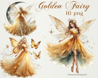 Golden Fairy Clipart Bundle: Enchanted PNG Images (16 Files)