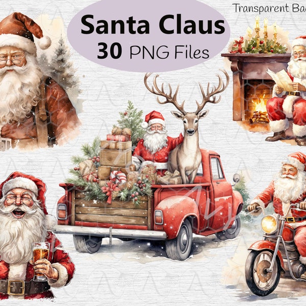 Santa Claus Clipart, 30  PNGs High Quality Watercolour, Cool Santa,Retro Santa, Digital Paper, Junk Journal, Craft, Christmas Clipart Bundle