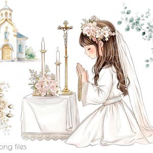 Pacchetto PNG di ragazza della prima comunione che prega - Set di clipart del battesimo cristiano Download immediato, Bibbia, design cristiano, clipart cristiana