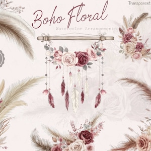 Fleurs de mariage Boho -Bourgogne, Rose Boho Rustique Floral Clipart Pack-PNG Fichiers de roses et d’herbe de pampa - Invitations, Scrapbooking
