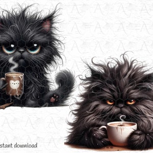 Grumpy Coffe Cat Clipart, Adorable Black Coffee lover Cat Clipart: Instant Download PNG for Crafts , Cat Lovers Delight image 3