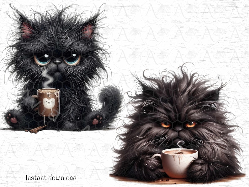Grumpy Coffe Cat Clipart, Adorable Black Coffee lover Cat Clipart: Instant Download PNG for Crafts , Cat Lovers Delight image 3