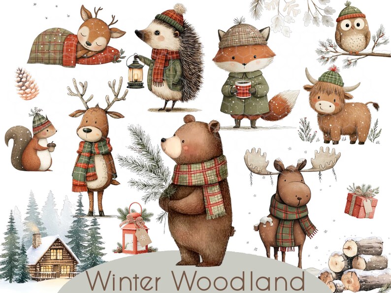 Christmas Woodland Animals Clipart: Winter Cabin, Cozy Creatures ...