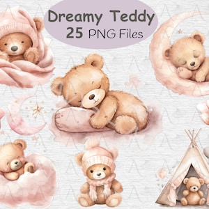Baby Shower Teddy Bear clipart, Sleeping Cute Pink Teddy Bear, Baby Girl Shower, Birthday, Teddy Bear Clipart, Dreamy, Star, Moon, Bear PNG