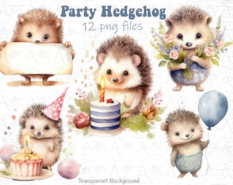 Birthday Hedgehog Clipart: Party Animals, Cake & Balloons (Digital Download)