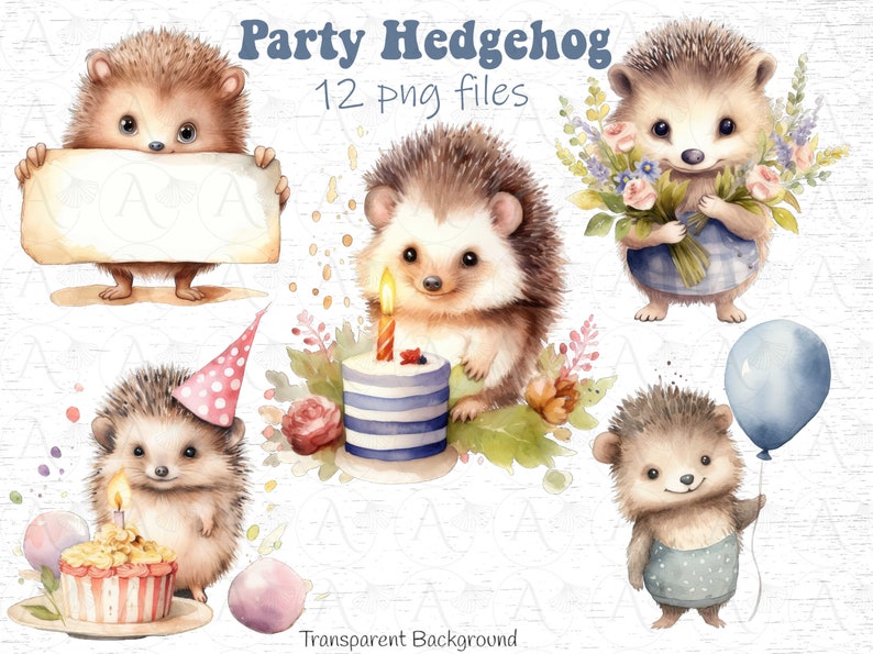 May include: Twelve watercolor illustrations of hedgehogs in various party settings. The hedgehogs are wearing party hats, holding balloons, and celebrating with cake and candles. The illustrations are on a white background with a transparent overlay.