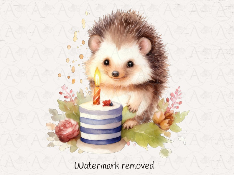 May include: A watercolor illustration of a hedgehog with a happy expression, standing next to a blue and white striped birthday cake with a lit candle. The cake is decorated with red berries and surrounded by green leaves and pink flowers.