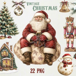以下が含まれることがあります： ヴィンテージクリスマスの要素を描いた水彩イラスト。赤い衣装のサンタクロースが袋の上に座り、クリスマスツリー、オーナメント、雪だるま、くるみ割り人形、家などに囲まれています。「Vintage Christmas」と「22 PNG」の文字も含まれています。