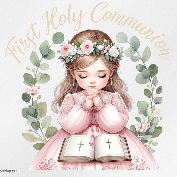 First Holy Communion Wreath PNG, Girls 1st Communion Sublimation Design, Eucalyptus Floral Wreath, Bible, Praying, Instant Digital Download