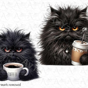 Grumpy Coffe Cat Clipart, Adorable Black Coffee lover Cat Clipart: Instant Download PNG for Crafts , Cat Lovers Delight image 6