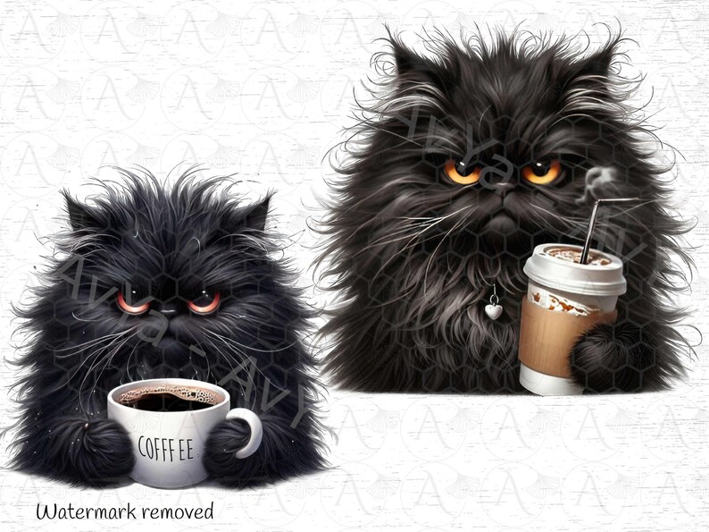 Grumpy Coffe Cat Clipart, Adorable Black Coffee lover Cat Clipart: Instant Download PNG for Crafts , Cat Lovers Delight image 6