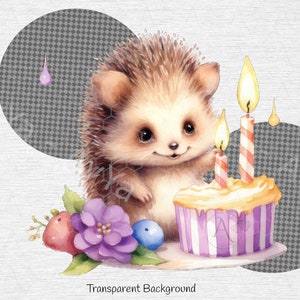 May include: A cute brown hedgehog with a pink nose and big eyes blows out the candles on a purple and white striped cupcake with yellow frosting. The hedgehog is surrounded by purple flowers and green leaves.