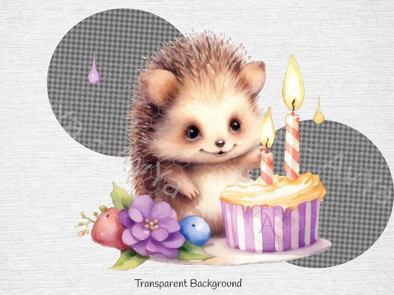 May include: A cute brown hedgehog with a pink nose and big eyes blows out the candles on a purple and white striped cupcake with yellow frosting. The hedgehog is surrounded by purple flowers and green leaves.