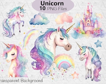 Unicornio arcoíris PNG Clipart: Castillo mágico, nubes (Descarga digital)