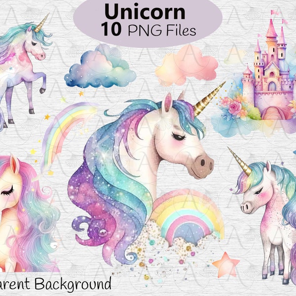 Rainbow Magical Unicorn  PNG,  Colorful Cute Glitter Rainbow Unicorn,Castle, Clouds, Nursery, Birthday, Wall art Design  digital download