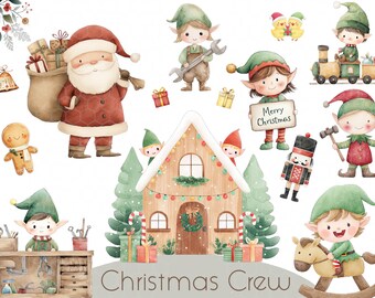Christmas Elf Clipart: Santa's Workshop, Holiday Card Design (Digital Download PNG JPG)