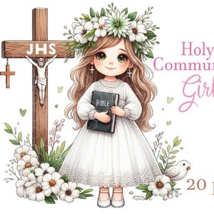 Primeira Comunhão de Menina vol -2, clipart de batismo, Bíblia, clipart para fazer cartões, clipart de batismo cristão, download instantâneo, Bíblia, religioso