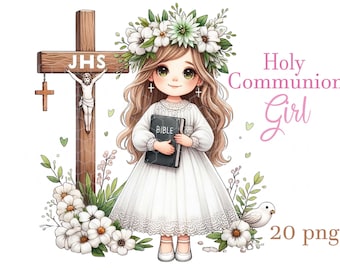 Erstkommunion Clipart: Mädchen, Bibel, Taufe (PNG Digital Download)
