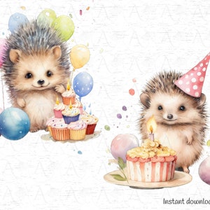 May include: Two watercolor illustrations of hedgehogs celebrating a birthday. One hedgehog is holding a stack of cupcakes with candles, while the other is wearing a party hat and holding a cupcake with a single candle.