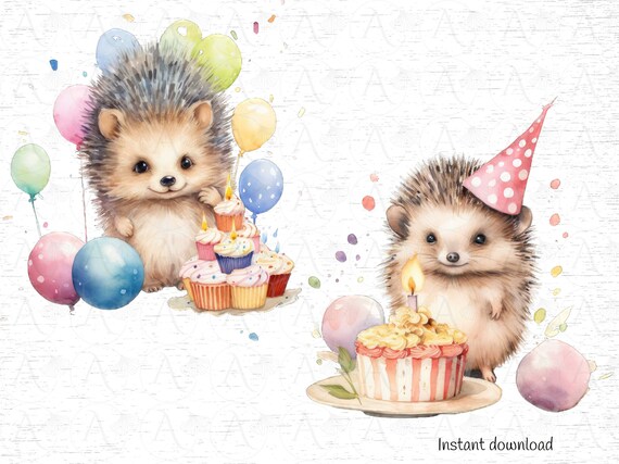 誕生日ハリネズミのクリップアート：パーティーアニマル、ケーキ、風船