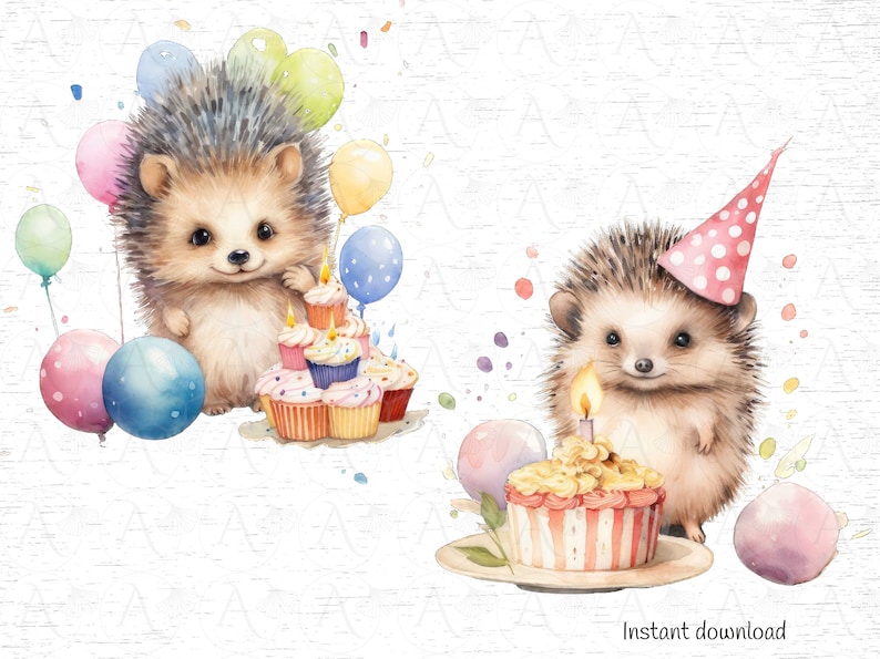 May include: Two watercolor illustrations of hedgehogs celebrating a birthday. One hedgehog is holding a stack of cupcakes with candles, while the other is wearing a party hat and holding a cupcake with a single candle.
