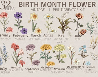 Birth Month Flowers Clipart, Floral Antique PNG bundle, Flower Print Creator Kit DIY Birth Month Flower Graphic, Botanical Clipart , Vintage