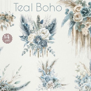 Ensemble de clipart fleurs aquarelle bohème bleu - PNG rustique floral bohème sarcelle, herbe de la pampa, roses, fleurs séchées, roses, cartes de mariage