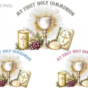 Meine erste heilige Kommunion Clipart, Sublimationseinladungsdesign zur 1.Kommunion, Kelch, Kerze, Bibel, christliches Design, Set mit 3 PNG-Designs
