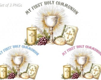 First Holy Communion Clipart: Chalice, Bible, Candle (Set of 3 PNG)