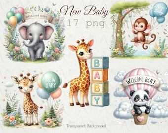 Birthday Baby Safari Animal Clipart Welcome New Baby ,Cake topper, Sticker, Birthday invitation Giraffe, Panda,  Nursery Decor, Baby Shower