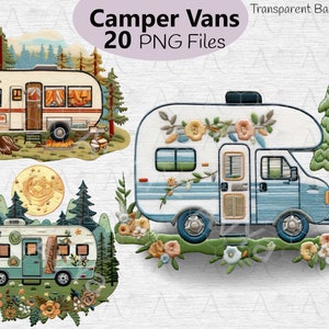 Bordado Camping Van clipart - 20 PNG, Mini Camping car, Diseño de bordado de collage digital, Vintage- Bordado Mini Camping Car