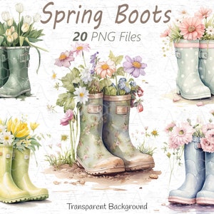 Clipart di stivali da pioggia primaverili stravaganti - Spring Garden PNG acquerello, clipart di fiori, lavorazione, diario spazzatura, download istantaneo