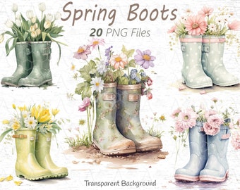 Watercolor Spring Rain Boots Clipart: Garden Flowers PNG (Digital Download)