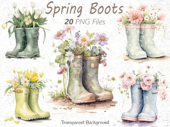 Watercolor Spring Rain Boots Clipart: Garden Flowers PNG (Digital Download)
