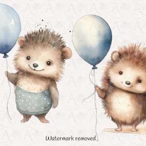May include: Two watercolor illustrations of hedgehogs holding blue balloons. The hedgehogs are brown with light brown noses and have a happy expression. The balloons are light blue with a white highlight.