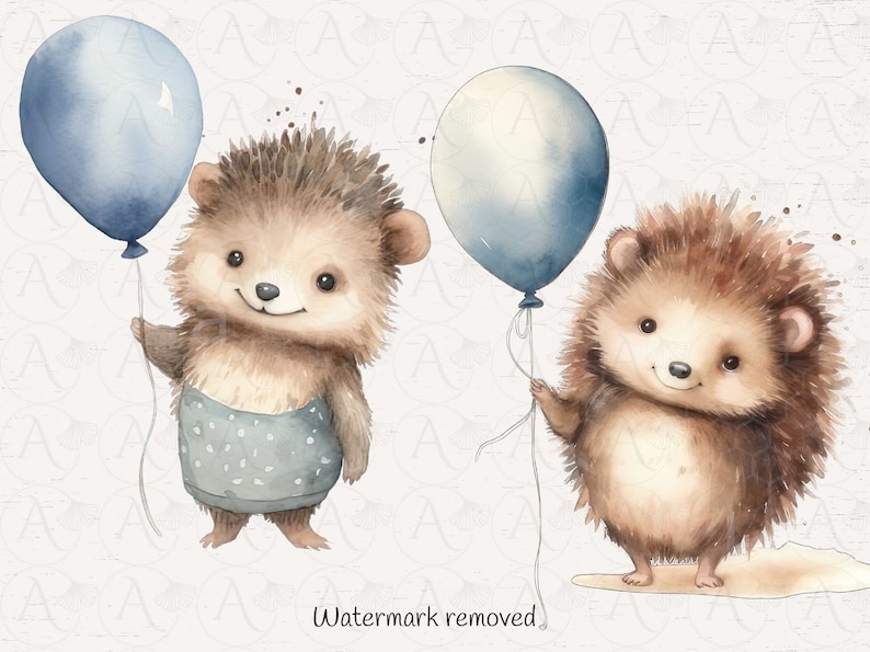 May include: Two watercolor illustrations of hedgehogs holding blue balloons. The hedgehogs are brown with light brown noses and have a happy expression. The balloons are light blue with a white highlight.