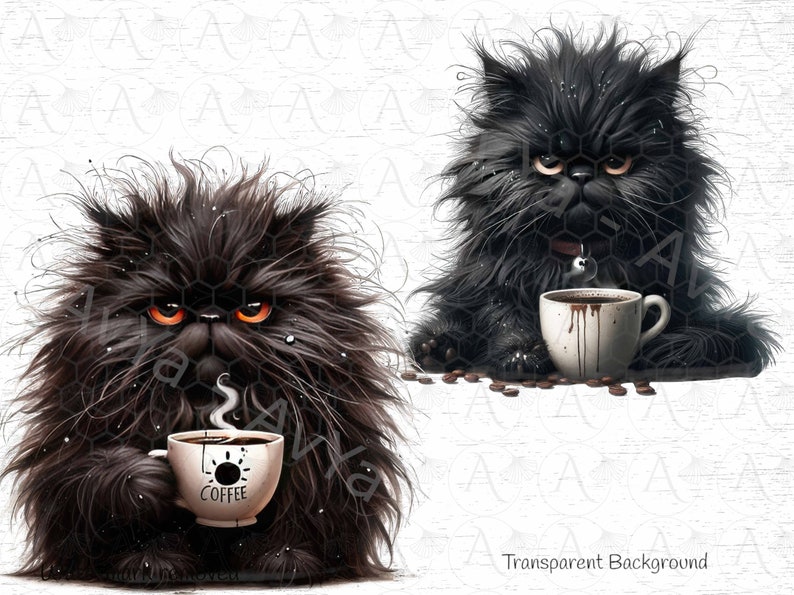 Grumpy Coffe Cat Clipart, Adorable Black Coffee lover Cat Clipart: Instant Download PNG for Crafts , Cat Lovers Delight image 4