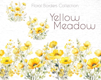 Watercolor Yellow Floral Clipart: Summer Meadow Borders (PNG Digital Clipart)