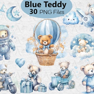 Teddy Bear Clipart, C’est un paquet de baby shower de garçon, Blue Nursery Decor Clipart, Aquarelle Blue Teddy Bear PNG